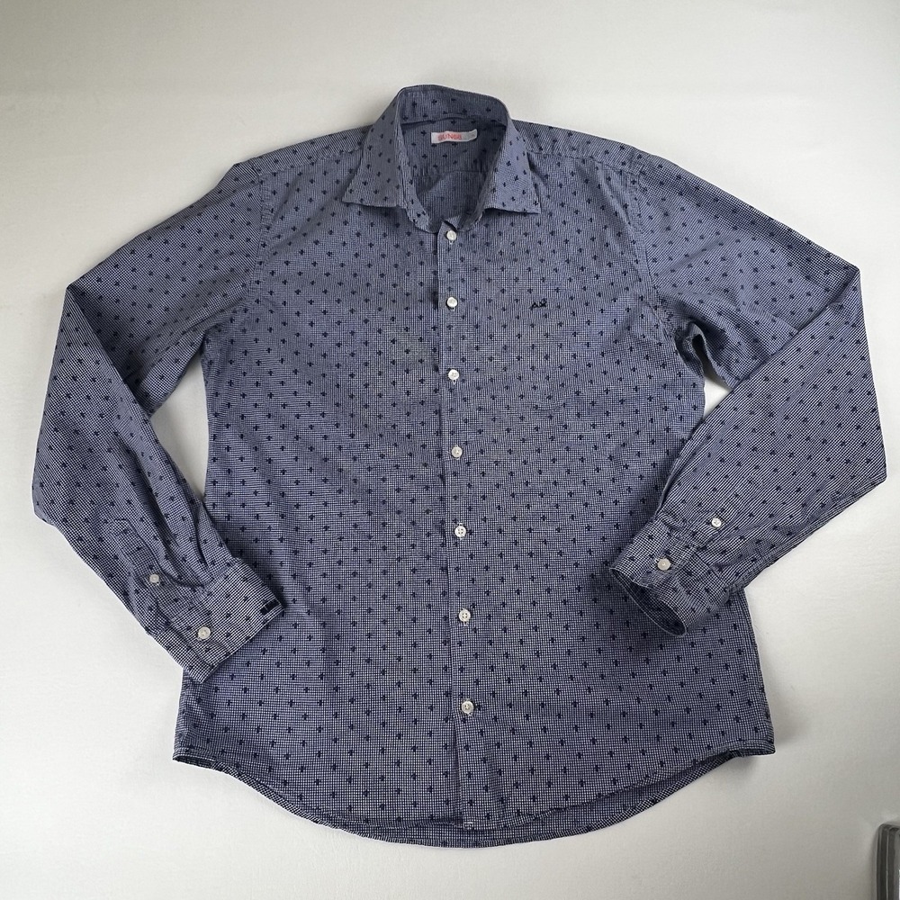 Sun68 Mens Blue Gingham Fleur De Lis Button Down Shirt Size M Long Sleeve